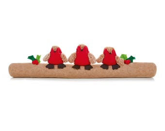 Red Robin Draught Excluder Christmas Decoration Home Door Décor 3 Robins 2 Holly Berries Fabric 80cm