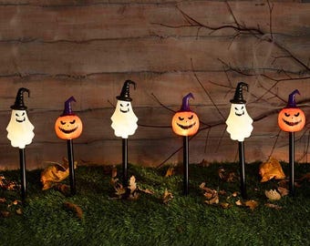 6 SpookStakes, Halloween Stake Light Set of Six Ghost Pumpkin Path LED