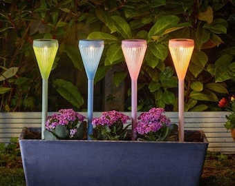 Viva Solar Powered Path Lights Set of 4 with Warm White LED Lights, Multi Coloured Stakes, 43cm