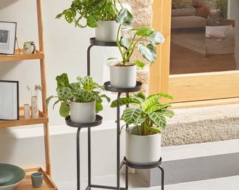 Soporte metálico para plantas de 4 niveles, negro, 87 x 43 cm, para uso interior y exterior.