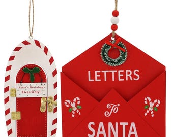 Hanging Wooden Christmas Decoration Santa's Workshop Elves Door 14cm or Letters To Santa 16cm