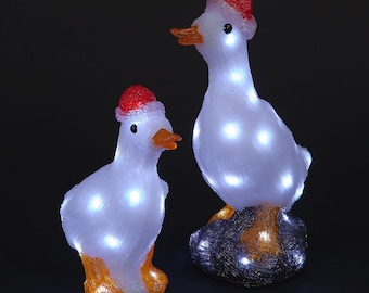 Juego de 2 patitos de Papá Noel acrílicos para decoración navideña con 50 luces blancas, 30 cm, para interior y exterior.