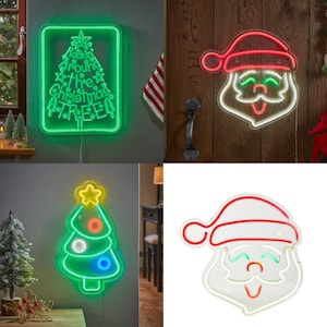 May include: A selection of Christmas neon signs. The signs feature a green Christmas tree with a star, a Santa Claus face with a red hat, and a green sign that reads "Rockin' Around the Christmas Tree."