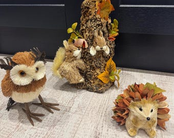 Hedgehog, Owl or Squirrel & Tree Decoration Autumn Fall Natural Bristle Ornament H12-34cm
