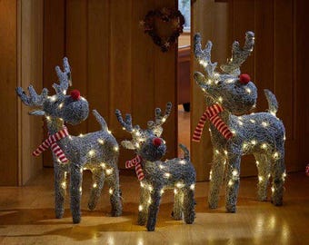 Sparkly Rattan Reindeer Christmas Decoration LED Outdoor Indoor Blitzen Comet or Cupid 52-79cm