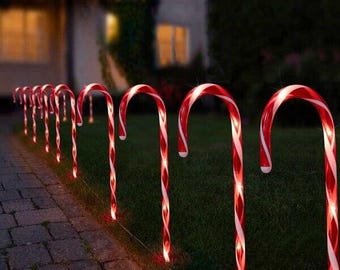 12 luces de estaca de bastón de caramelo para decoración navideña, marcadores de camino para exteriores
