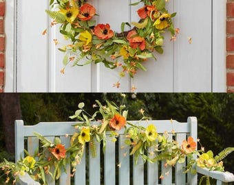 Corona de amapolas de 45 cm o guirnalda de amapolas de 180 cm, flores artificiales para uso en exteriores e interiores.