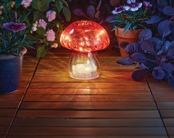 Lámpara solar LED con forma de seta de cristal: Decoración de jardín (16 x 14 x 14 cm)