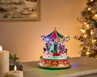 Rotating Carousel SnowScene Christmas Village Decoration Rotating Xmas Decor LED Lights 23cm