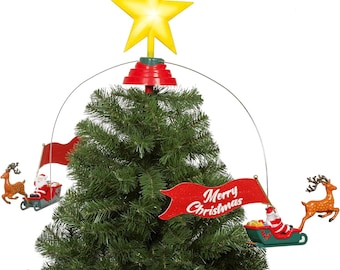 Christmas Tree Topper Rotating Musical LED Star with Santa Reindeer Sleigh Green 31cm USB Powered with 2m Lead