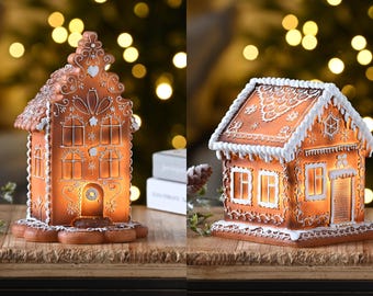 Lit LED Gingerbread Houses 20cm, 15cm with Warm White LED Lights Home Décor Xmas