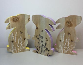 Pastel Wooden Easter Bunny Set, Floral Home Decor