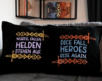 Cushion Cover for RPG, Dungeon Crawler Fans & Board Gamers – Dice Fall, Heroes Rise | Dice Sword Design