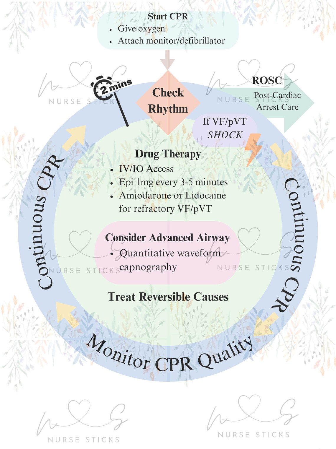 ACLS Algorithm Sheet, Healthcare ACLS, Advanced Life Support, Nurse ...