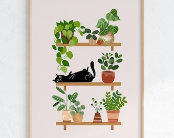 Black Cat and Plants Art Print, Cat Themed Wall Art, Black Kitten Drawing, Plant Mom Gifts, 16x20 House Plant Poster, Botanical Garden Print