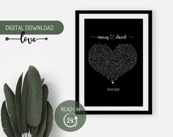 Personalised Wedding Song Lyrics Wall Art, Custom First Dance Song Print, Heart Shape Favourite Song, Anniversary Special Gift for Couples
