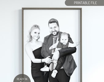 Custom Charcoal Portrait, Hand Drawn Portrait, Digital Charcoal Drawing of Family, Digital Portrait Print, Portrait From Photo, Gift for Mom