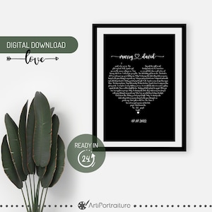 Personalised Wedding Song Lyrics Wall Art, Custom First Dance Song Print, Heart Shape Favourite Song, Anniversary Special Gift for Couples