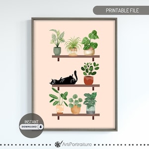 Cat and Plants Printable Wall Art, Cat and Houseplant Print, Black Cat Print, Plant Lover Gift, Potted Indoor Plants Poster, House Plant Art