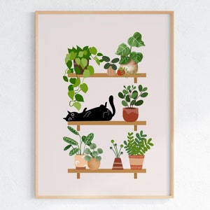 黒猫と植物のアートプリント、猫をテーマにした壁アート、黒子猫の絵、植物ママへのギフト、16x20 観葉植物ポスター、植物園のプリント