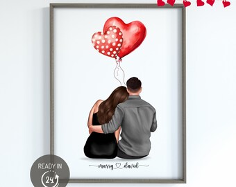 Op de afbeelding: Printbare kunstprint met een stel dat elkaar van achteren vasthoudt, met twee rode hartvormige ballonnen met witte stippen die erboven zweven. De tekst "marry david" staat onder het stel.