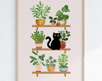 Potted House Plants Print, Sleeping Cat Illustration, Greenery Wall Decor, Cat Themed Wall Art, Boho Wall Art Cat, Botanical Garden Poster