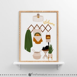 May include: A digital illustration of a welcome sign with a black cat, a hanging plant, a basket, and a rainbow-colored banner. The sign is framed in wood and has a white background.