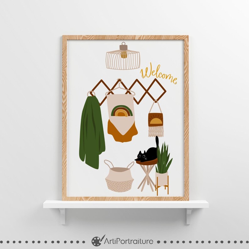 May include: A digital illustration of a welcome sign with a black cat, a hanging plant, a basket, and a rainbow-colored banner. The sign is framed in wood and has a white background.