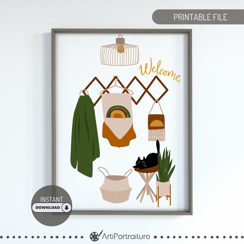 May include: A printable wall art print featuring a welcome sign with a black cat, a plant, a basket, and a hanging rack with a green scarf, a rainbow tapestry, and a sun tapestry. The print has a white background and a brown frame.