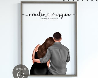 Può includere: Un'illustrazione digitale di una coppia, una donna con lunghi capelli castani e un uomo con capelli castani corti, in piedi schiena contro schiena con le braccia l'una intorno all'altra. Il testo "amelia ♥ morgan ALWAYS & FOREVER" è sopra la coppia.