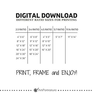 May include: A chart showing different aspect ratio sizes for printing digital downloads. The chart lists the dimensions in inches for each ratio: 2:3, 3:4, 4:5, 5:7, and 11:14. The text "DIGITAL DOWNLOAD" and "DIFFERENT RATIO SIZES FOR PRINTING" is at the top of the chart. The text "PRINT, FRAME and ENJOY!" is at the bottom of the chart.