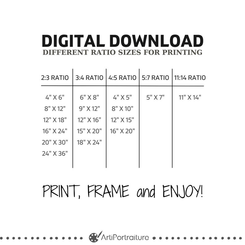 May include: A chart showing different aspect ratio sizes for printing digital downloads. The chart lists the dimensions in inches for each ratio: 2:3, 3:4, 4:5, 5:7, and 11:14. The text "DIGITAL DOWNLOAD" and "DIFFERENT RATIO SIZES FOR PRINTING" is at the top of the chart. The text "PRINT, FRAME and ENJOY!" is at the bottom of the chart.