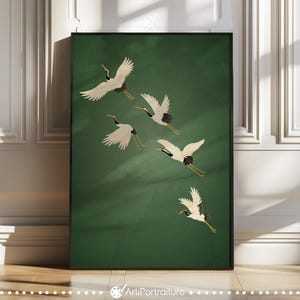 Pintura de estilo japonés de grullas voladoras, impresiones de arte de pared verde oscuro, arte original de vuelo de pájaros blancos, póster retro japonés, imágenes de aves garza