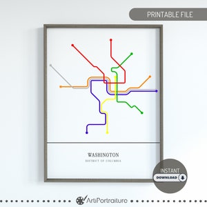 Plan du métro DC, carte minimale, cadeau de voyage, plan du métro de Washington DC, impression carte du train, art mural DC, idées cadeaux Washington, impressions posters minimalistes