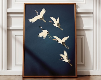 Flying Birds Downloadable Art, Navy Blue Wall Art Print Vertical, Japandi Style Crane Artwork,  Mid Century Modern Arts, Japan Illustrations