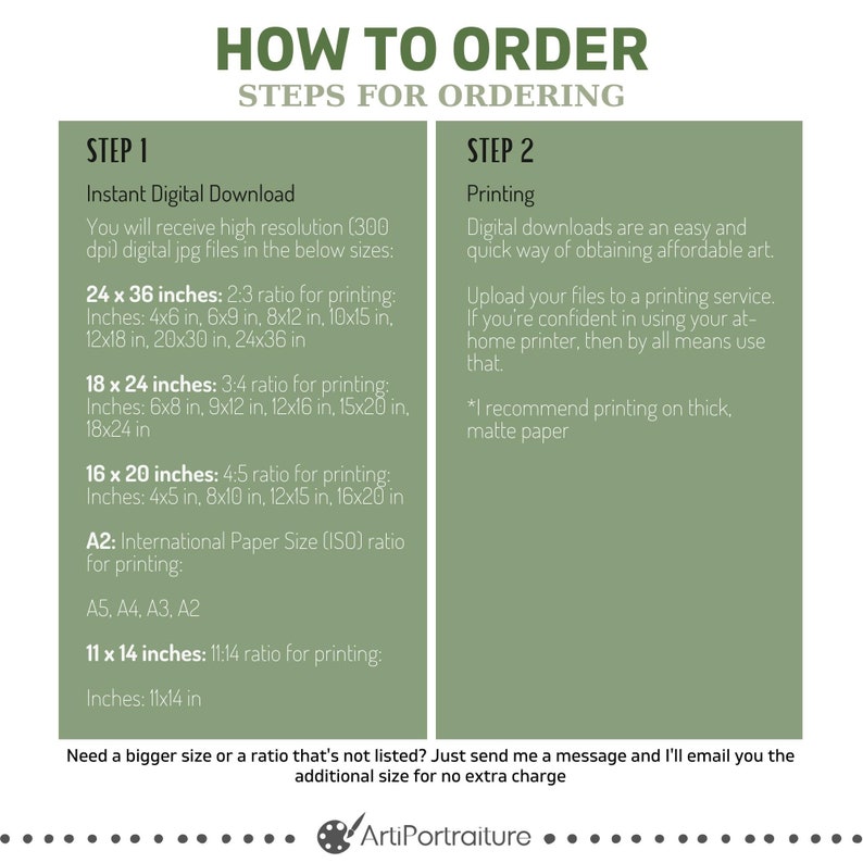 May include: A green and white graphic with the text "How to Order" and "Steps for Ordering". The graphic provides instructions for ordering instant digital downloads and printing digital downloads. The graphic includes a list of different sizes and ratios for printing digital downloads. The graphic also includes the text "ArtiPortraiture".