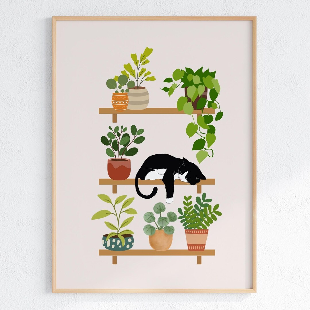 Black Cat Artwork, Boho Botanical Poster, Forest Green Art Print, Plant ...