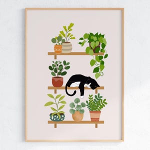 Oeuvre d'art chat noir, affiche botanique bohème, impression d'art vert forêt, cadeau pour amoureux des plantes, art mural verdure, portrait de chat drôle, art chat et plante