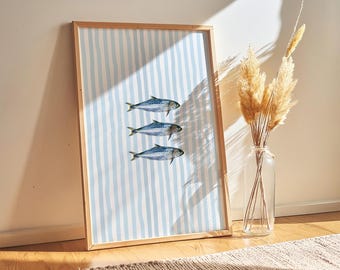 Retro Sardine Print Blue, Kitchen Decor for the Wall, Fish Printable Vertical, Food Still Life Painting, Dining Room Poster, Seafood Artwork