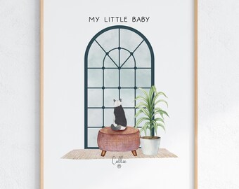 May include: A watercolor illustration of a black and white cat sitting on a brown stool in front of a large arched window with black metal bars. The text "My Little Baby" is at the top of the image and the text "Callie" is at the bottom of the image.