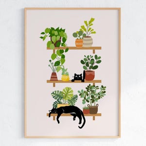 眠っている猫のイラスト、猫と植物愛好家へのギフト、ダウンロード可能な自然プリント、隠れた猫のポスター、観葉植物のウォールアート、セージグリーンのアートプリント
