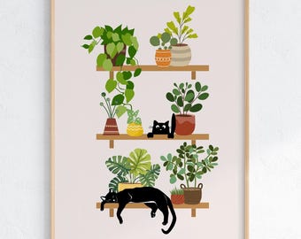 May include: A digital illustration of a three-tiered shelf with potted plants and two black cats. The top shelf has a green plant with a brown pot, a green plant with a yellow pot, and a green plant with a brown pot. The middle shelf has a green plant with a brown pot, a green plant with a yellow pot, and a black cat peeking out from behind a green plant. The bottom shelf has a green plant with a brown pot, a green plant with a brown pot, and a black cat sleeping on the shelf.
