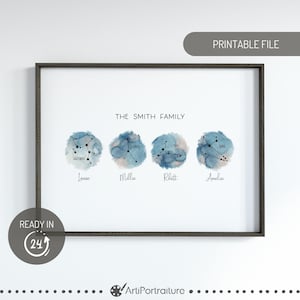 Spersonalizowany rodzinny nadruk zodiaku, sztuka ścienna ze znakiem zodiaku konstelacji, znak nazwiska rodziny, spersonalizowana sztuka horoskopu, plakat astrologiczny, prezenty rodzinne