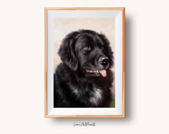 Impressão digital de pintura a óleo de um cão Terra Nova vintage (download digital)