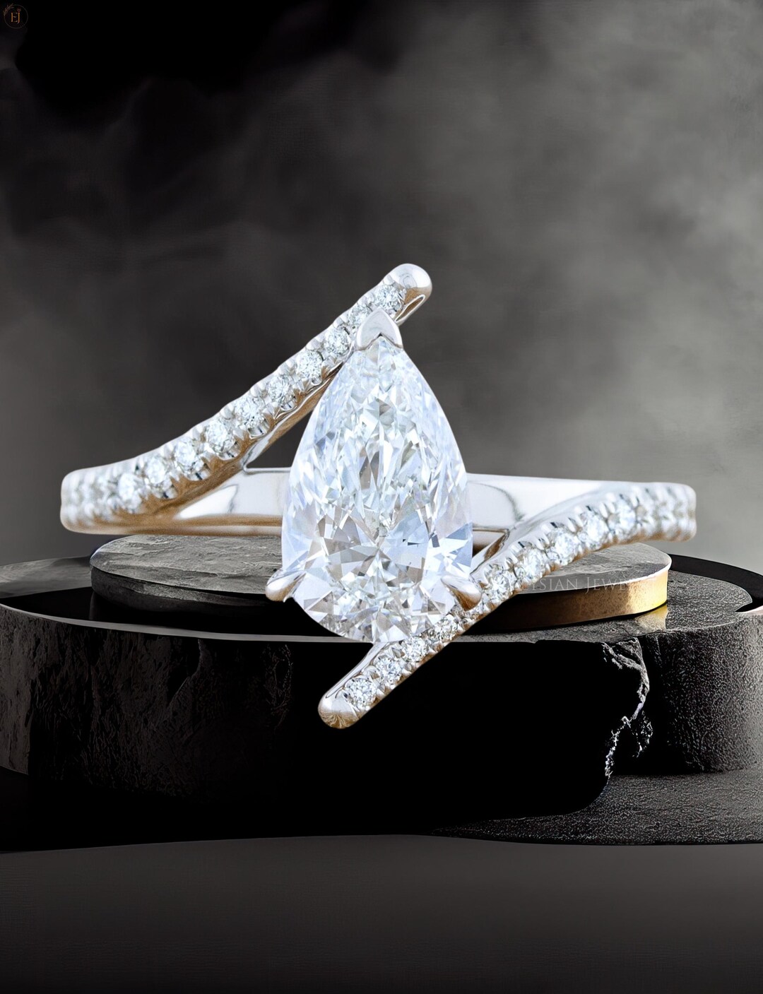 Pear Cut Moissanite Pave Setting Bypass Engagement Ring, Pear