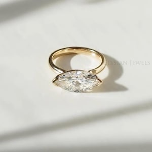 3 CT East West Marquise Cut Moissanite Diamond Engagement Ring, 14k Yellow Gold Dainty Solitaire Ring, Anniversary Gift for Her, Women Ring