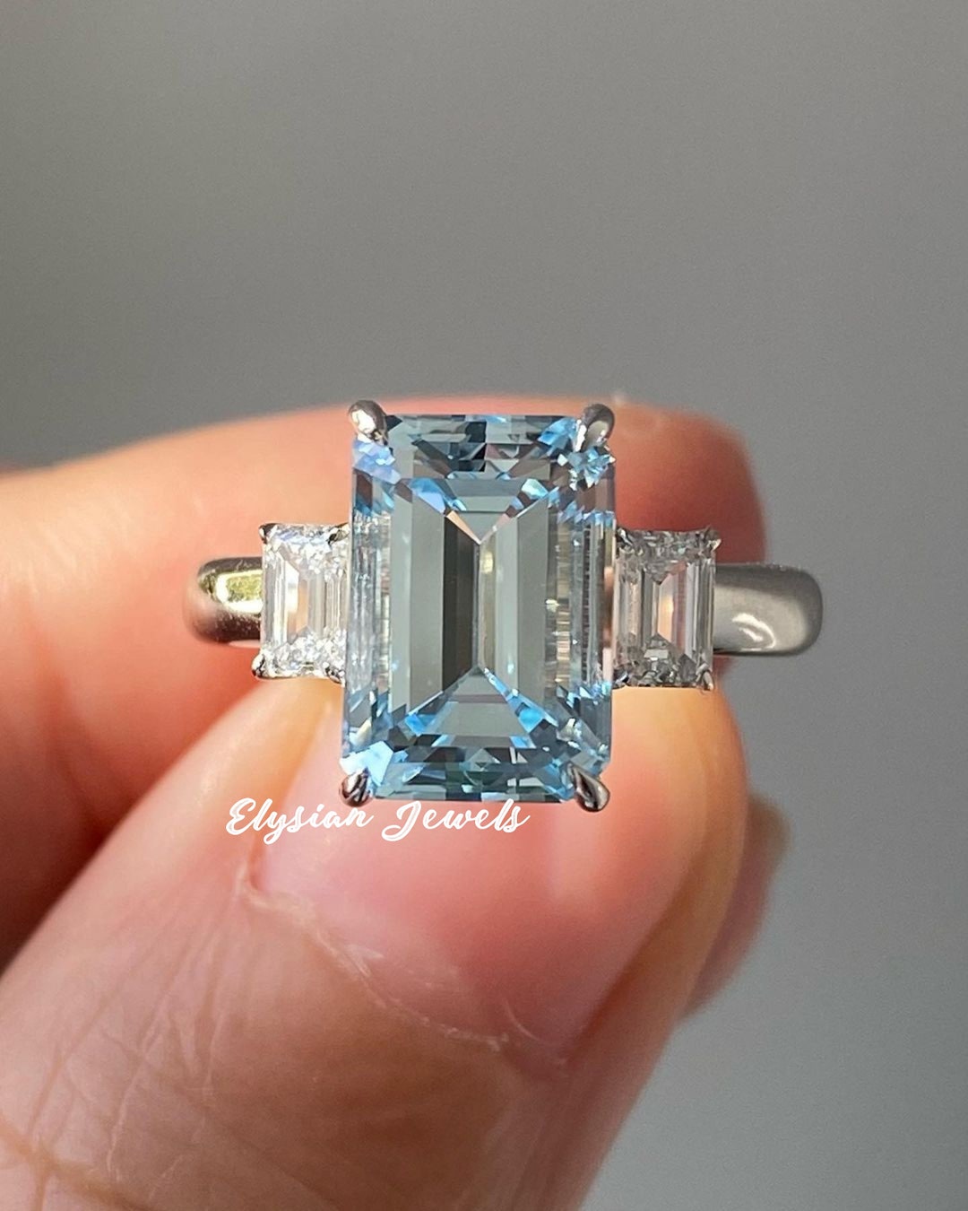 Aquamarine Ring, Emerald Cut Moissanite Diamond Ring, Rectangle ...