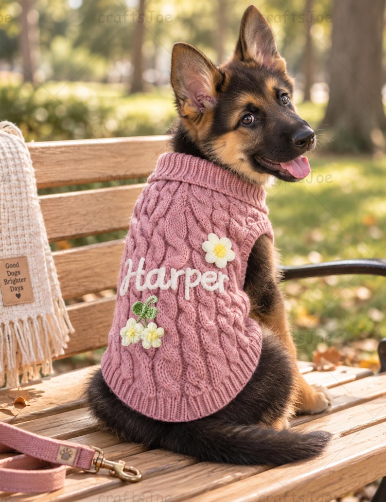 Puede incluir: Un su&eacute;ter de punto trenzado rosa para perro con el nombre Harper en letras cursivas blancas, decorado con peque&ntilde;as aplicaciones de flores blancas y amarillas. El su&eacute;ter tiene cuello y dobladillo acanalados, usado por un cachorro de pastor alem&aacute;n.