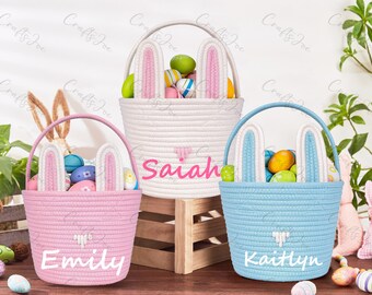 Personalized Easter Basket With Kids Name, Customized Bunny Ear Rope Basket With Ur Name, Easter Basket, Easter Gift