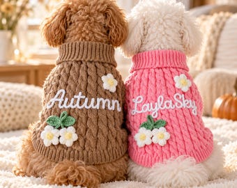 Personalized Dog Sweater with Name, Custom Hand Knit Pet Turtleneck, Embroidered Puppy Clothes, Small Dog Cable Knit Sweater, Dog Gift
